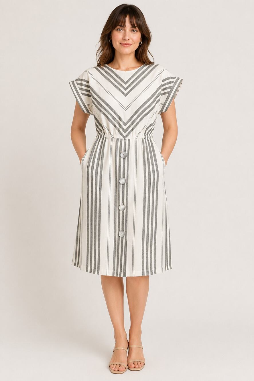Vintage 1980s Lisa Petites Striped Button Front Midi Dress- 12P